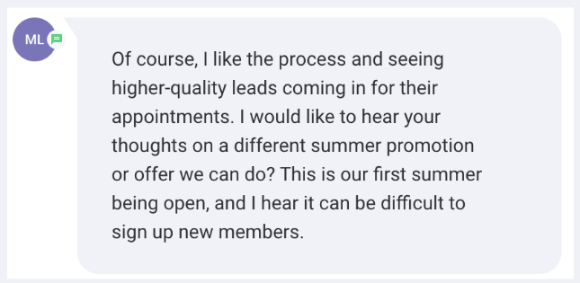 Messenger screenshot: a school owner asks about a different summer promotion, saying it is their first summer open and signing up new members can be difficult.