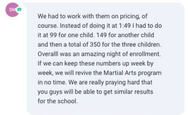 Screenshot of the message: We had to work with them on pricing, of course. Instead of doing it at 1:49 I had to do it at 99 for one child. 149 for another child and then a total of 350 for the…