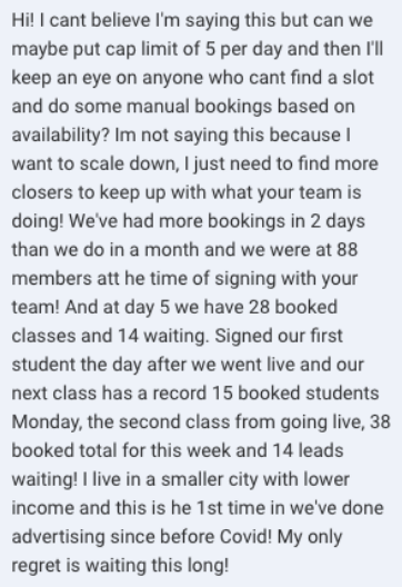 Screenshot of the message: I cant believe I'm saying this but can we maybe put cap limit of 5 per day and then I'll keep an eye on anyone who cant find a slot and do some manual bookings based…