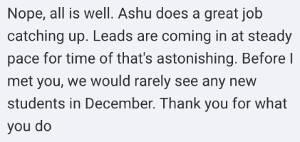 Screenshot of the message: Before I met you, we would rarely see any new students in December.